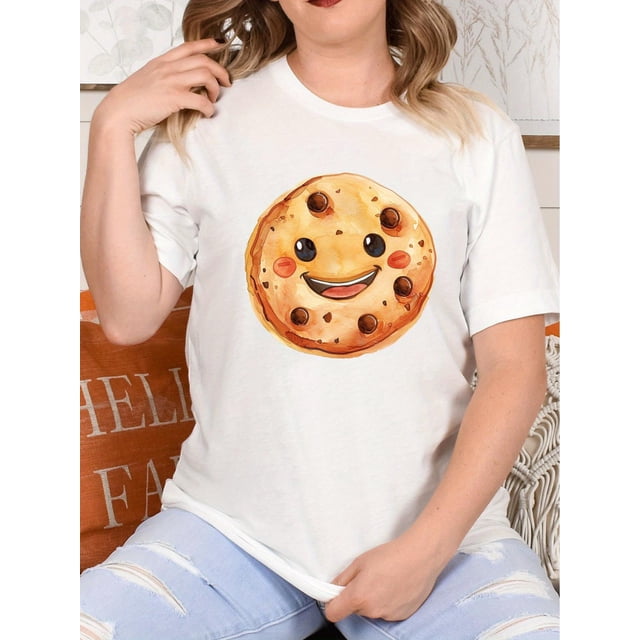Chocolate Chip Cookie T-shirt with Filling, Happy Cookie, Printed Cute Style T-shirt, Illustration SCamisetas para mujer, lindas camisetas con estampado gráfico, de manga corta, estilo casual, para ve