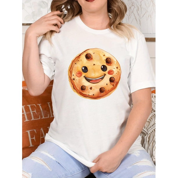Chocolate Chip Cookie T-shirt with Filling, Happy Cookie, Printed Cute Style T-shirt, Illustration SCamisetas para mujer, lindas camisetas con estampado gráfico, de manga corta, estilo casual, para ve