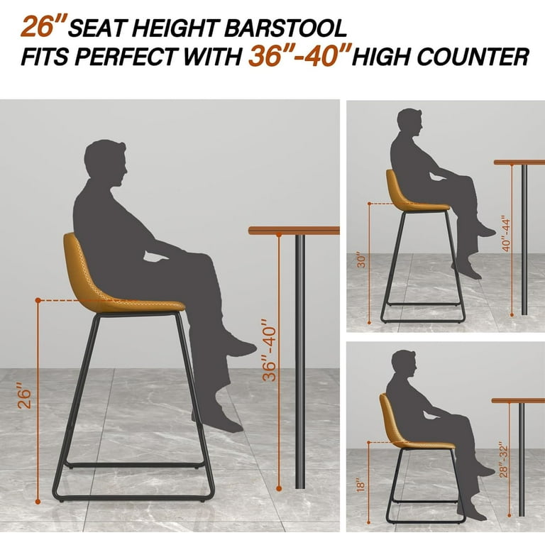 HeuGah Set Of 3 Counter Height Bar Stools – 26" Brown Faux Leather, Back Support, Metal Legs & Footrest, For Kitchen Island, 300lb Capacity