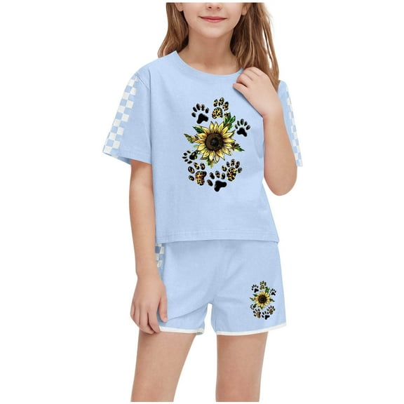 EWASWON Kids Girls Clothes on Clea-rance,Summer Sunflower Paw Print T-Shirt Tops and Elastic Shorts Pants Casual Outfits Set,Sky Blue,Size 5 T