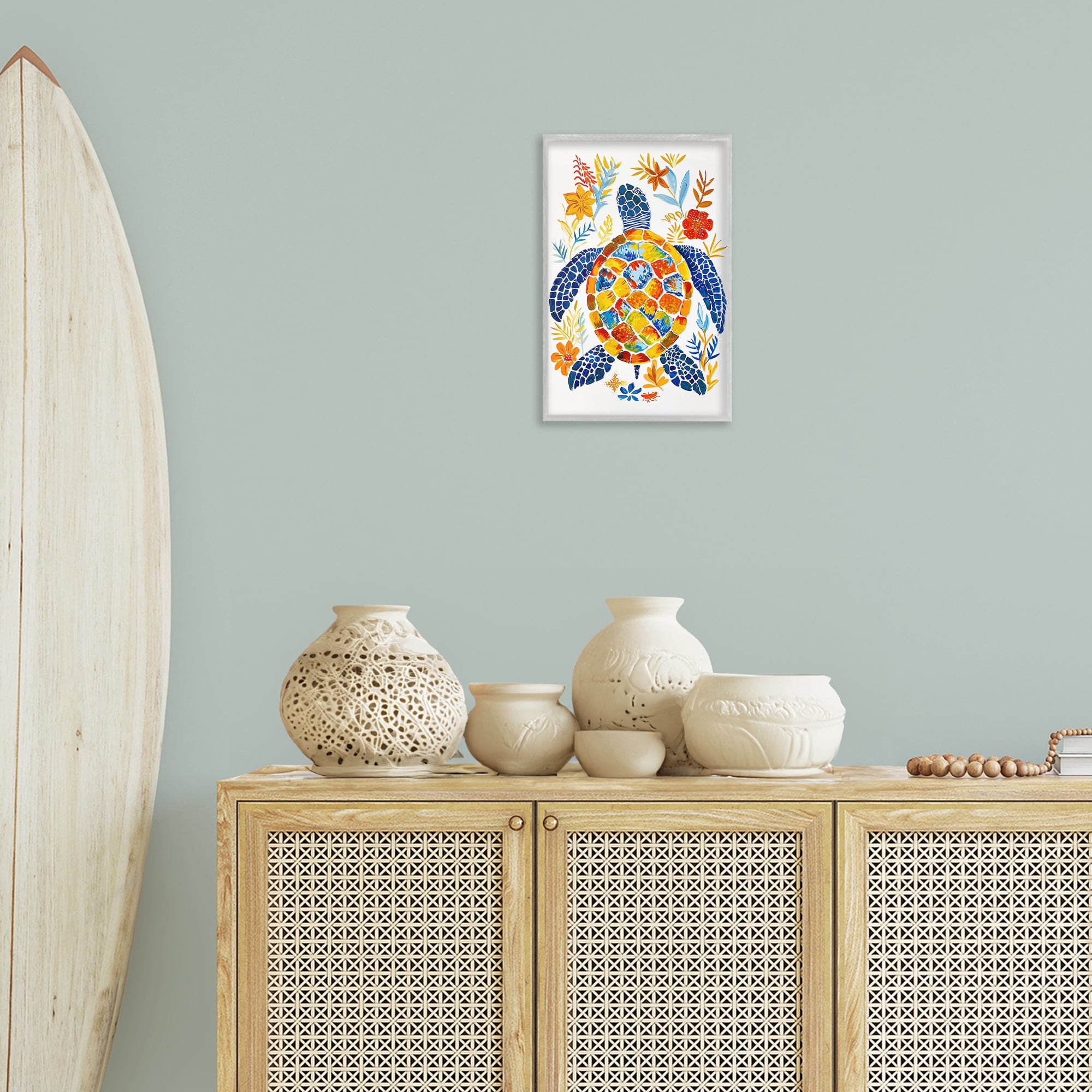 Stupell Industries Nautical Patterned Turtle Coastal Painting Gray Framed Art Print Wall Art, 12 x 18