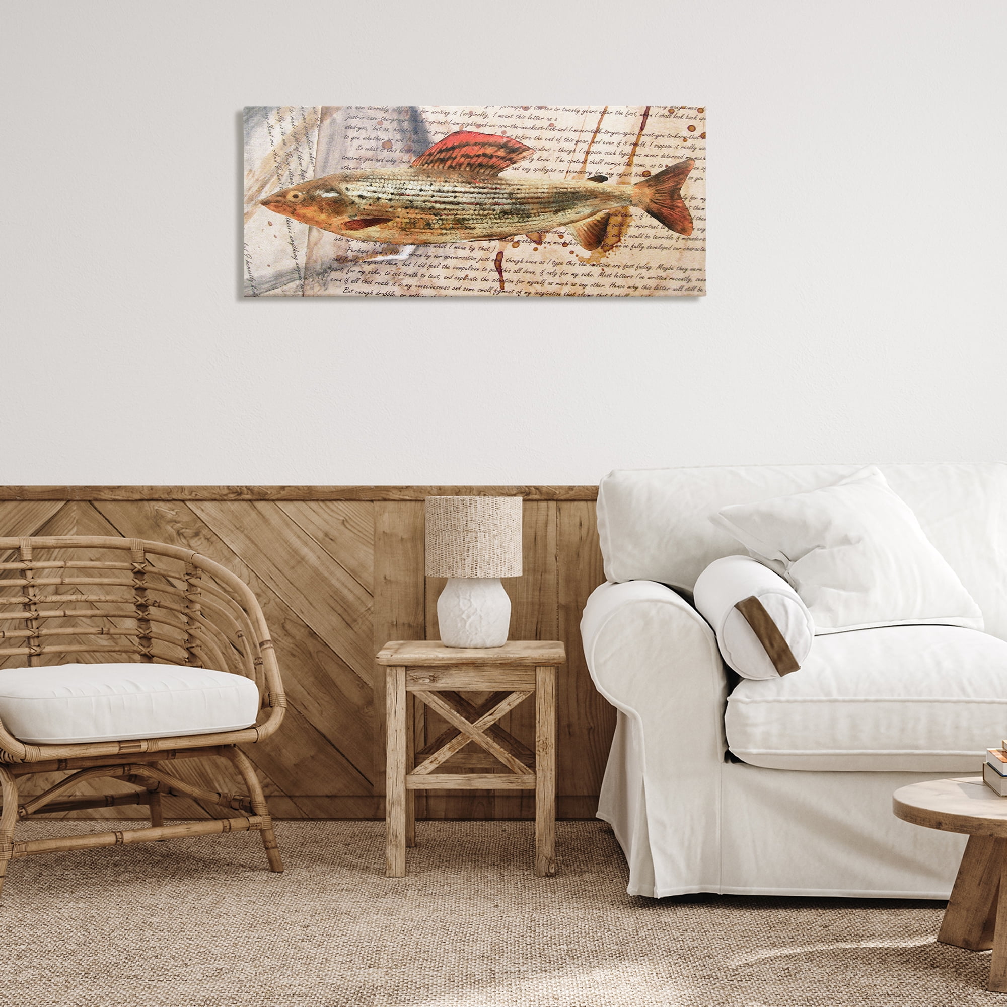 Stupell Industries Fish with Vintage Text Animals & Insects Painting Gallery Wrapped Canvas Art Print Wall Art, 40 x 17