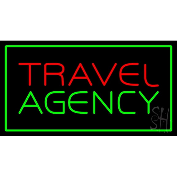 Travel Agency Green Rectangle LED Neon Sign 13 x 24 - inches, Black Square Cut Acrylic Backing, with Dimmer - Bright and Premium built indoor LED Neon Sign for Décor, Travel agency, Storefront.