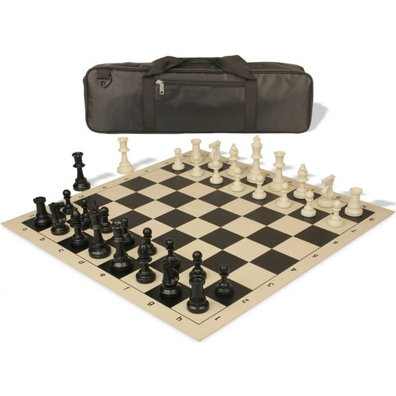 Standard Club Carry-All Plastic Chess Set Black & Ivory Pieces with Vinyl Rollup Board - Black