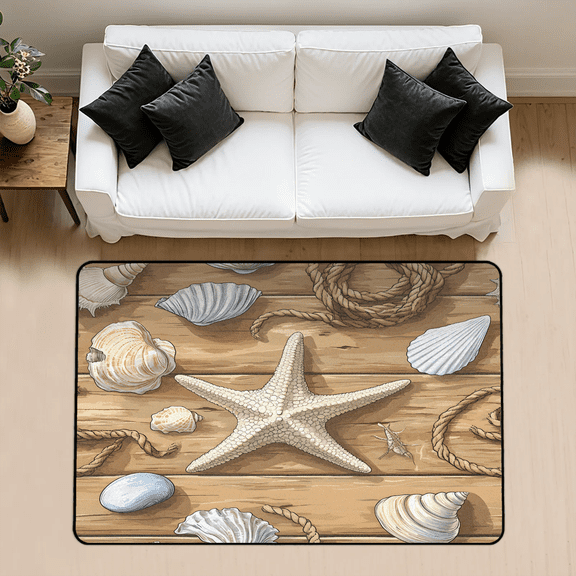 CURLYOOT Starfish Seashell Area Rug 3x5 Ft Rugs for Entryway Entrance Kitchen, Washable Non Slip Farmhouse Wooden Indoor Floor Carpet for Bedroom Living Room