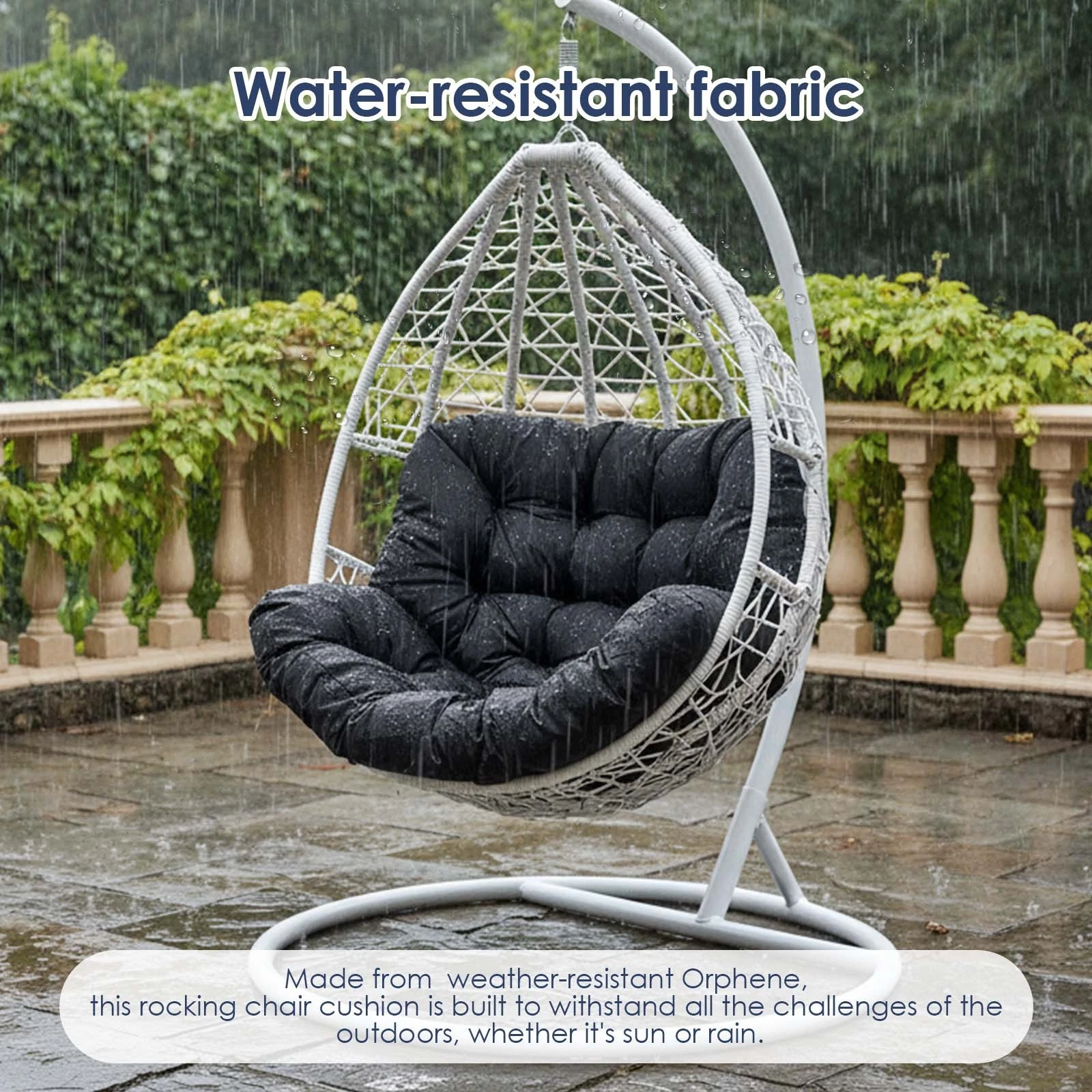 TOPCHANCES Egg Chair Cushion Only, Water-Resistant Outdoor Rocking Chair Cushion, Thick Papasan Seat Cushion with Ties for Patio, Porch, Balcony, Garden (Black)