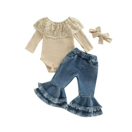 

Baby Girl Outfit Infant Rib Ruffle Long Sleeve Romper Onesie Top Bell-Bottom Denim Pants Sets Cute Clothes (Beige 3-6 Months)