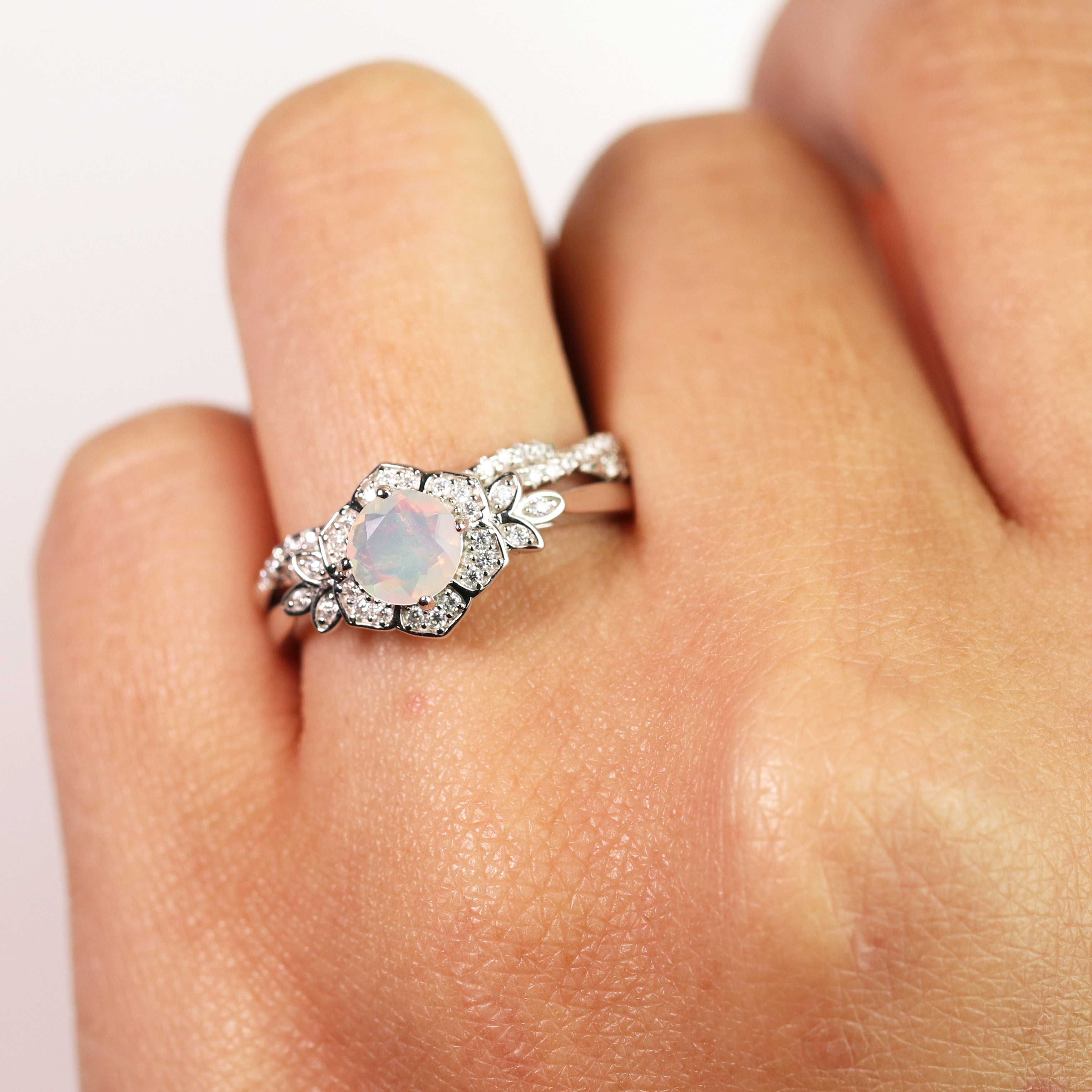 JeenMata 1.75 ct Genuine Round Blue Lab Created Opal and Moissanite Bridal Ring Set in 18K White Gold over Silver