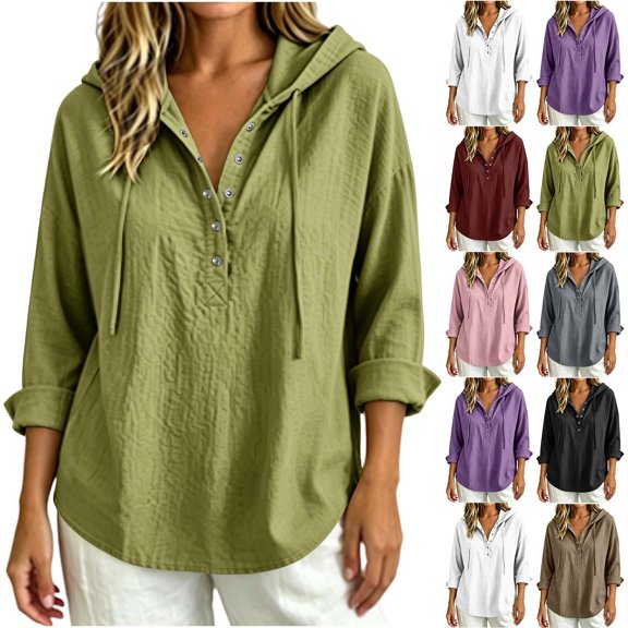 GUACER Women's Hooded Button-Down Tops, Casual Lightweight Cotton-Blend Long Sleeve Collared Shirts