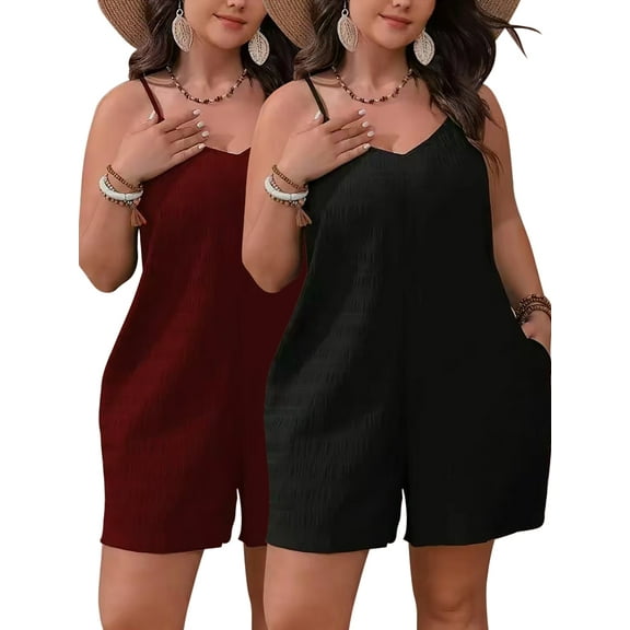 Cuteduck Women's Plus-size Casual Summer Halter Rompers Shorts Jumpsuit with Pockets,2-Pieces,1X-4X
