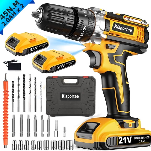 Kisportee Cordless Drill, 21V Power Drill Set with 2x2.0Ah Battery, 3/8"Keyless 25 1 Position Electric Drill & 2-Speed Transmission For Screwdriving and Drilling, Yellow