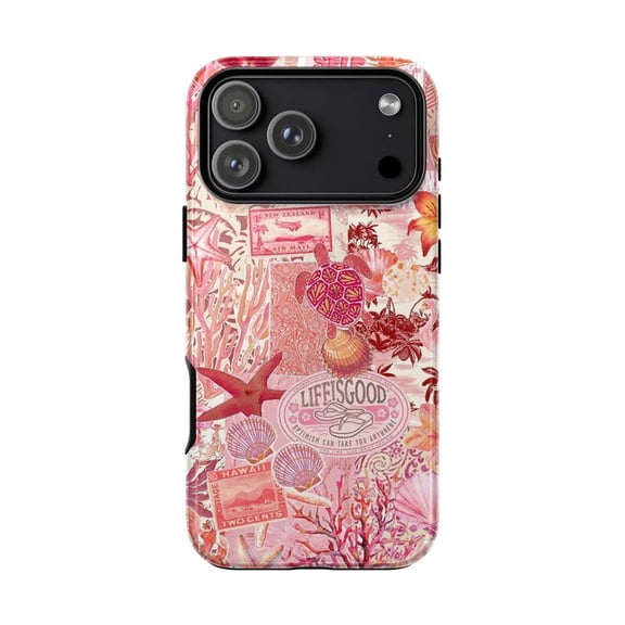Coral Reef & Seashell Phone Case, Positive Vibes Beachy Collage Cover | Protective for iPhone 17 16 15 14 13 12 11 Pro Plus Mini