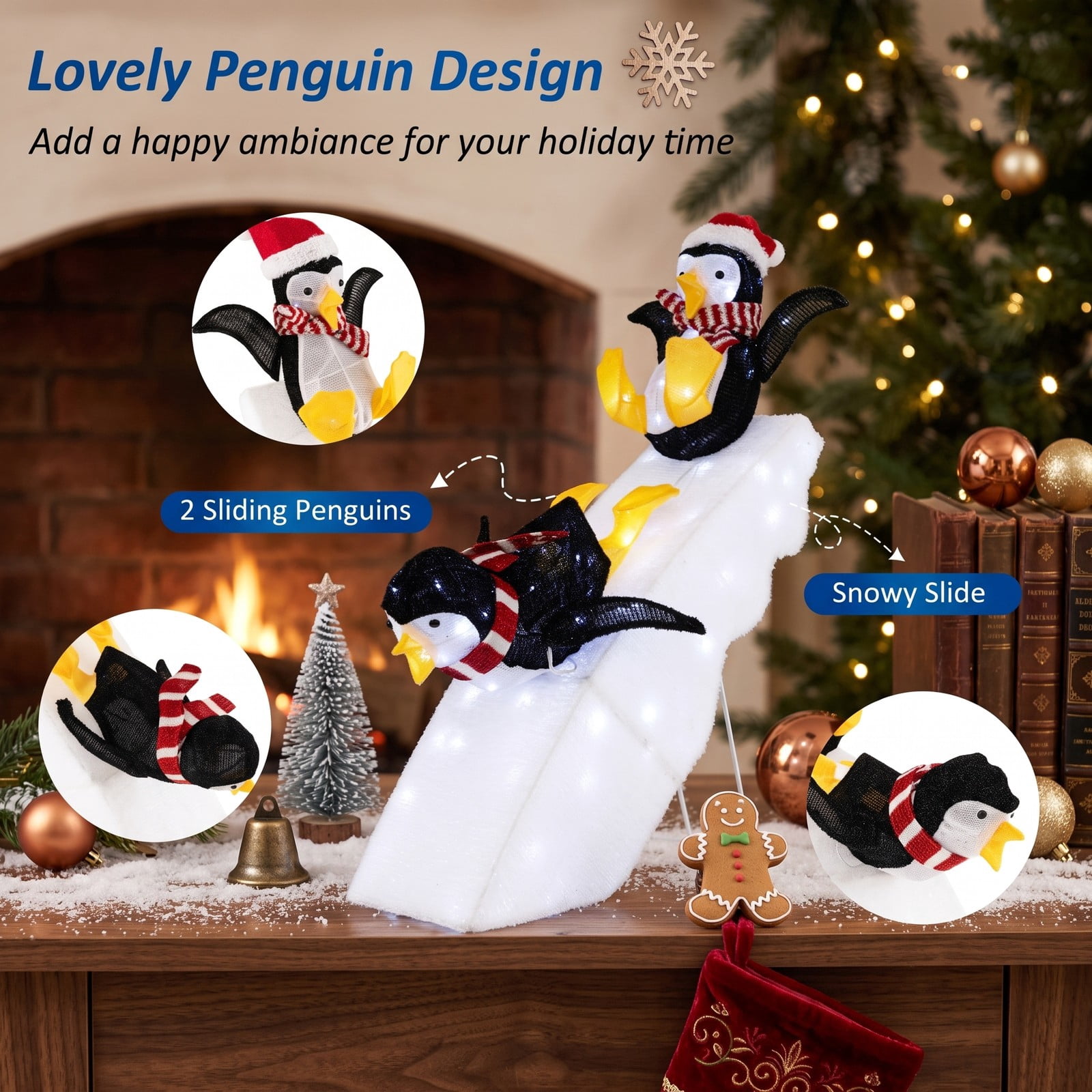 RUIE 4 Feet Christmas Penguin Ice Skating Decoration with Snowy Slide, 130 LED Lights Lighted Outdoor Indoor Holiday Yard Decor, Black White Yellow