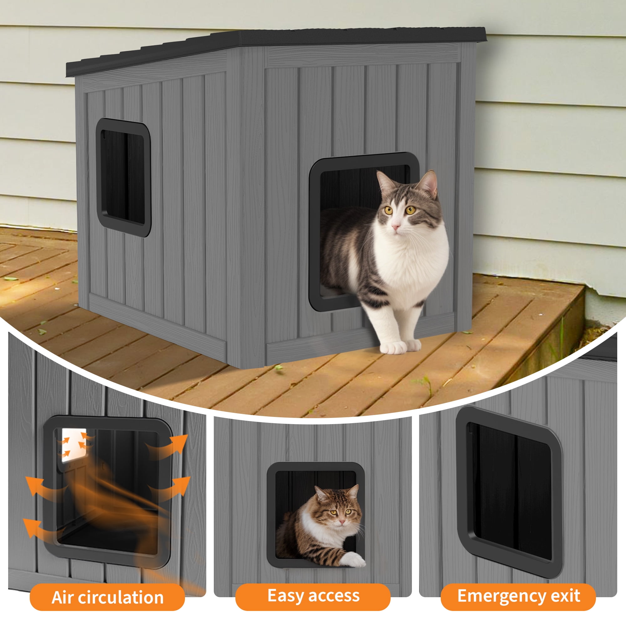 LHBcraft Outdoor Cat House,Durable Insulated PP Shelter for Feral Kittens,Weatherproof Shelter for Garden,Gray & Black