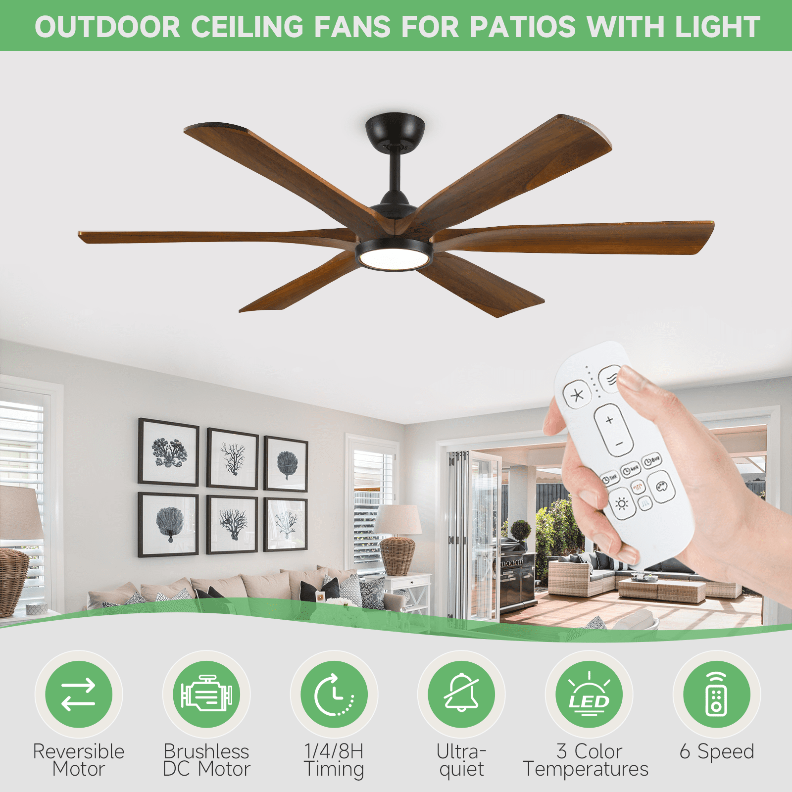 72 inch Large Ceiling Fan with Light and Remote, Outdoor Ceiling Fans for Patios, 6 Solid Wood Blades High CFM Quiet DC Motor Fan for Living Room Gazebo