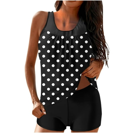 FAIWAD 2 Piece Bathing Suits for Women Sleeveless Polka Dots Print Tank Top with Boyshorts Athletic Swimming Beach Swimwear