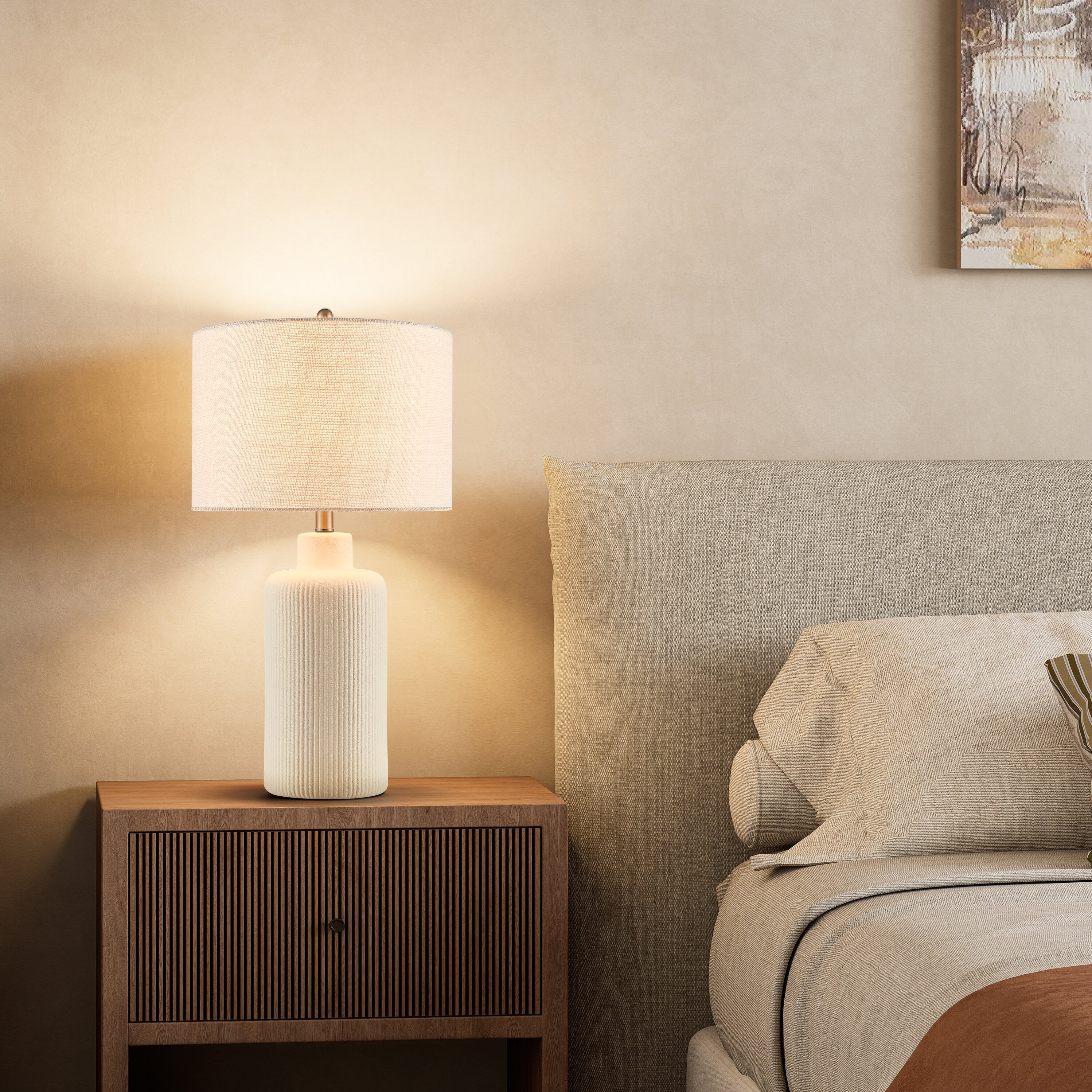 Kyrid 25.25'' Cream Ceramic Table Lamp for Living Room with Beige Linen Shade