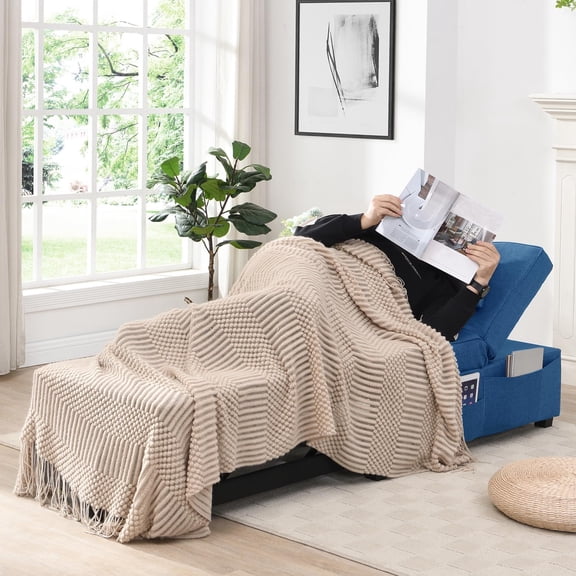 4-in-1 Convertible Futon Chair Ottoman Bed with Lumbar Pillow & 3 Side Pockets - Gray (Blue, M)