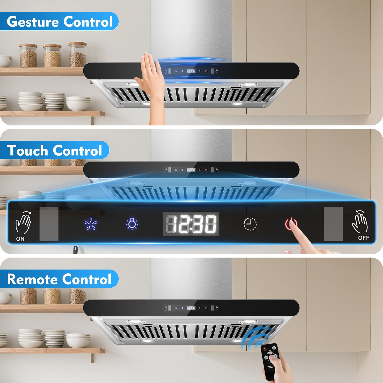 Joeaonz 30" Ventless Island Range Hood, Stainless Steel, 700 CFM, LED Light, Gesture/Touch/Remote Control