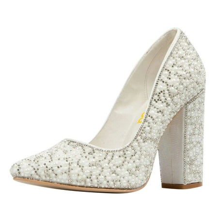 FSJ Women Chic Sparkly Rhinestone Studded Pointed Closed Toe Pumps Chunky Block High Heel Slip On Wedding Party Formal Shoes Size 6.5 White