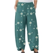 ylioge Wide Leg Pants for Women, Womens Little Daisy Printing Casual Loose Elastic High Waist Solid Color with Pockets Fall Pants Trousers Saving Clearance