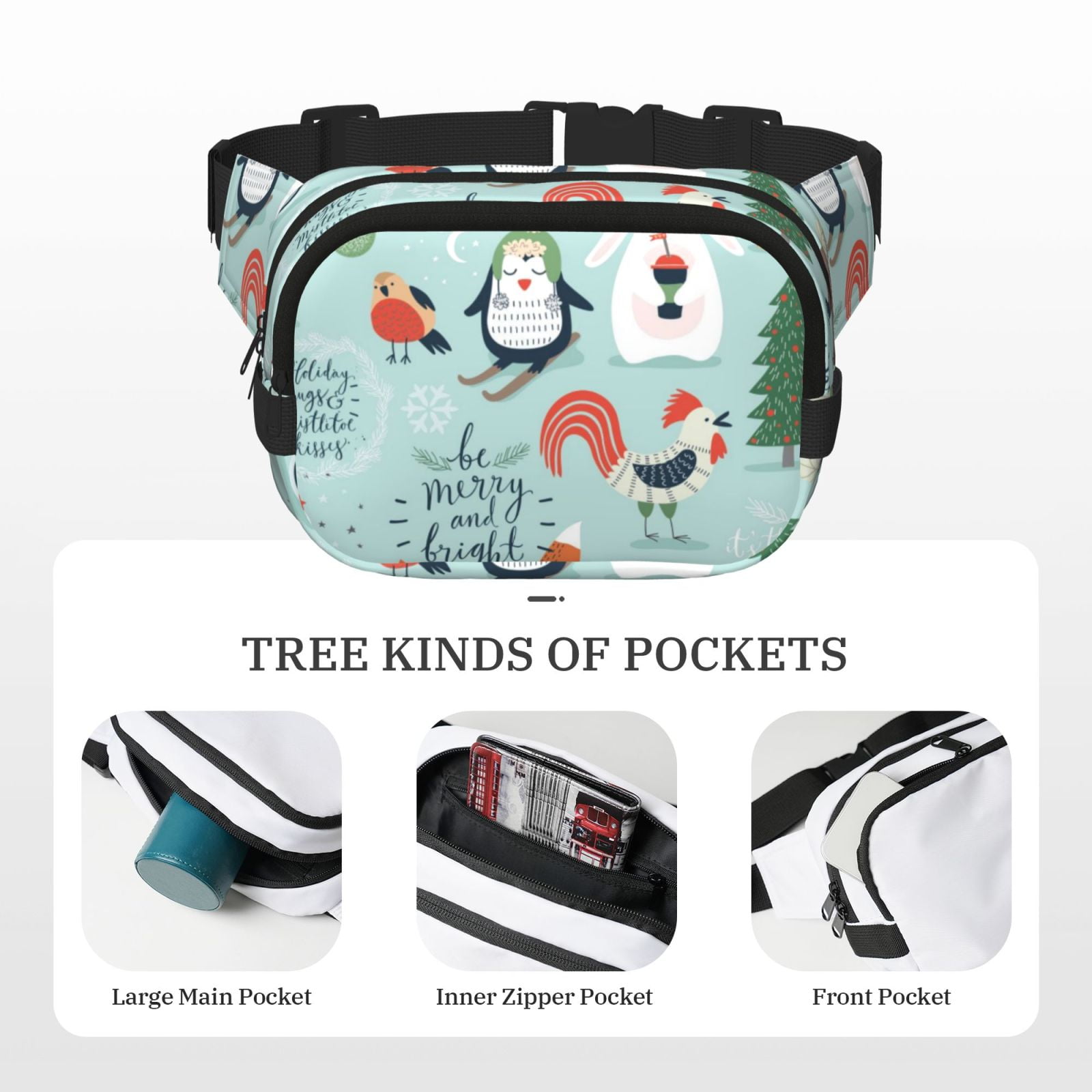Picia Christmas Winter Animals Print Square Double-Layer Waist Bag Mini Adjustable Waist Belt Bag Exercise Running Travel Hiking