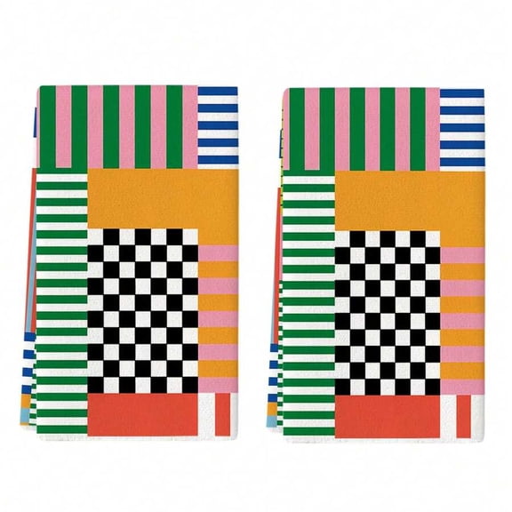 2 Pcs Colorful Checkerboard & Striped Kitchen Towels Retro Geometric Style Dish Towels Can Be Used In Kitchen Drying Hand Towels Tea Towels Suitable For Farmhouse Kitchen Home Indoor Dish Drying