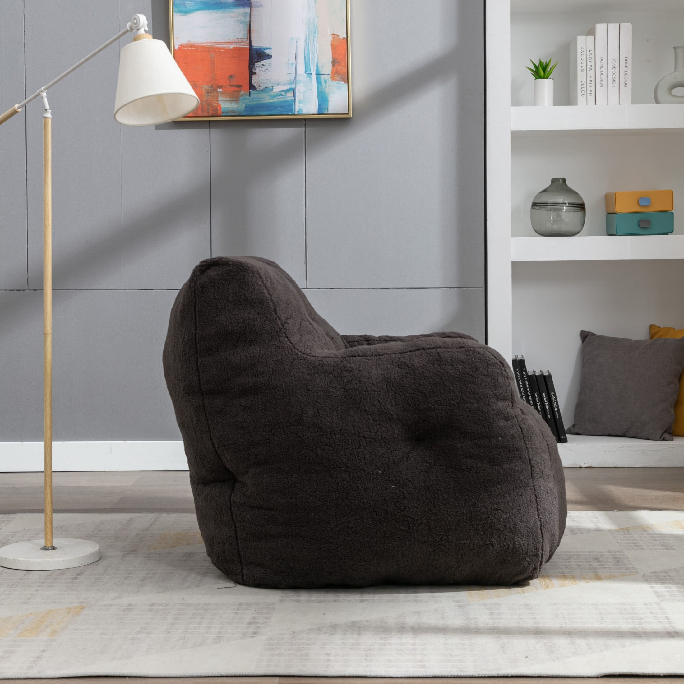Noble House Quinci 39" Teddy Tufted Bean Bag Chair, Memory Foam Floor Lounger Accent Seat for Bedroom, Dark Gray