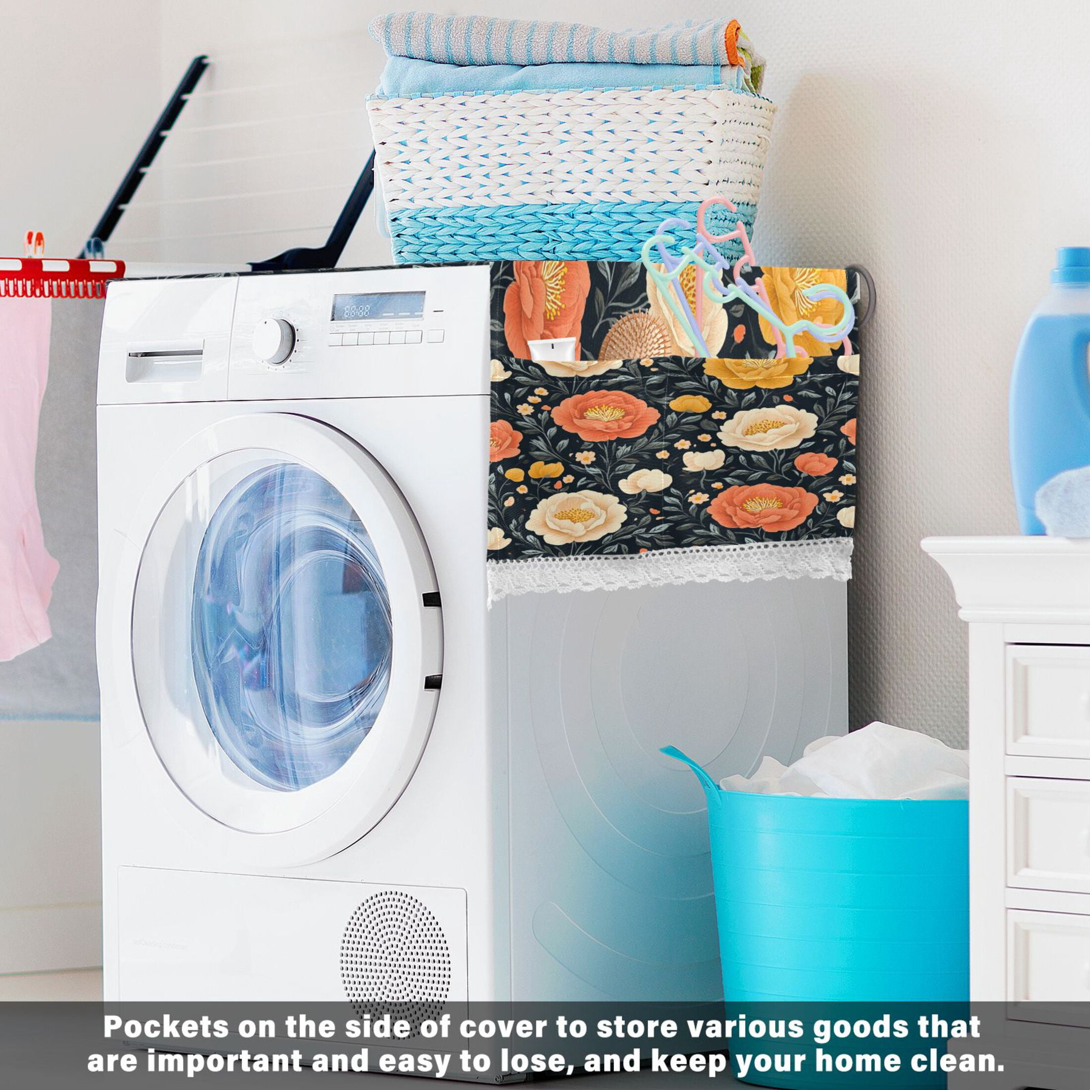 Nostalgic Peonies PatternWasher and Dryer Covers Dust-Proof and Oil Resistant Fridge Cover with 4 Storage Pockets Washing Machine Top Cover for Laundry Kitchen Home 51.2 x 22 In