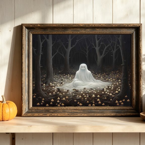 Vintage Halloween Canvas Wall Art, Peaceful Meditating Ghost In Dark Forest Bedroom Home Decor Unframed