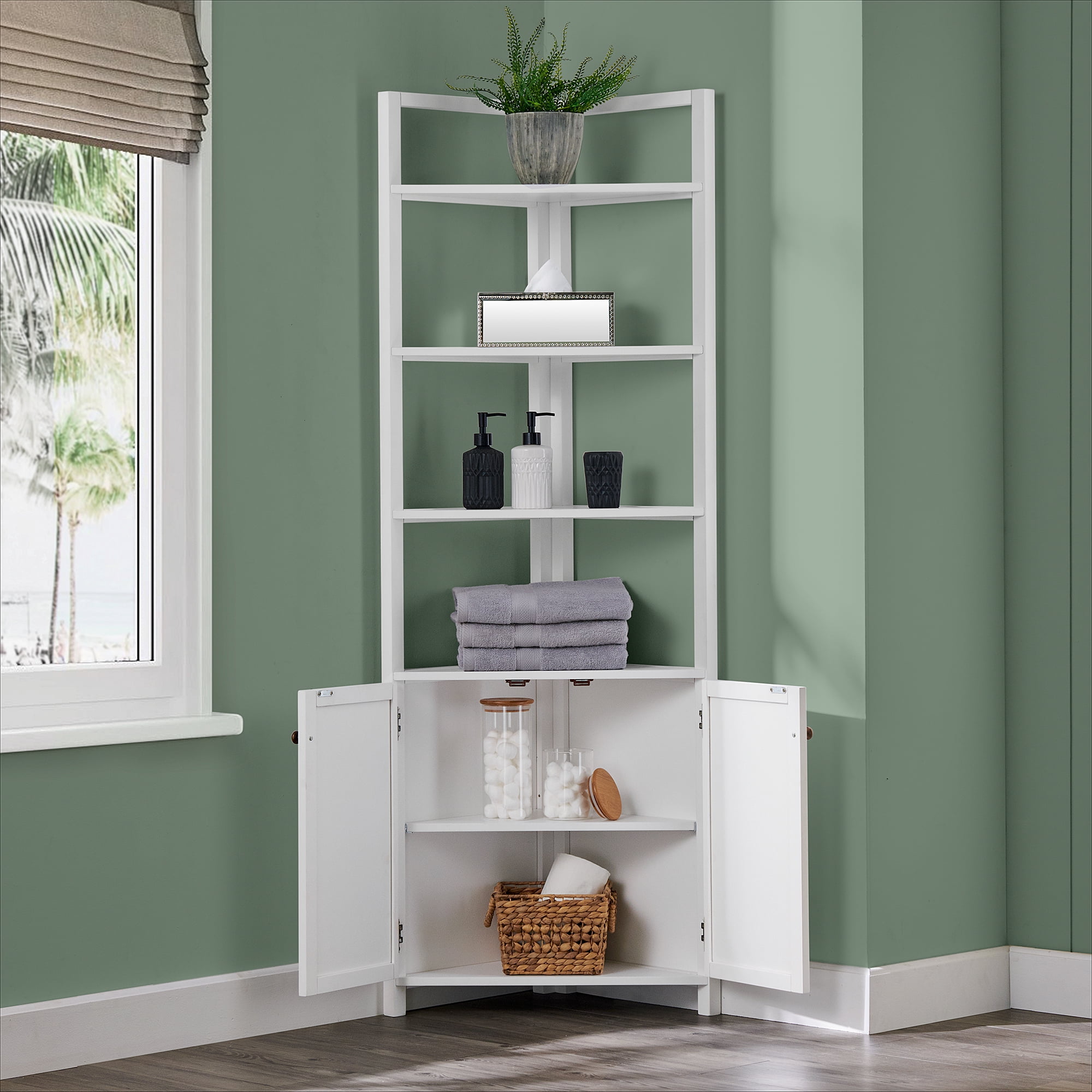 Alaterre Furniture Dover 25"W x 68"H Corner Storage Cabinet with 2 Doors and Open Shelving