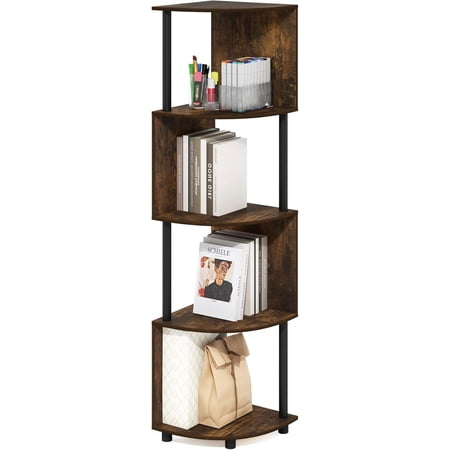 GMNIU ECON Corner Shelf, 4-Tier Corner Book Shelf, Zigzag Storage Shelves, Display Rack, Bookshelf, for Organization and Storage, Living Room, Home Office, Amber Pine