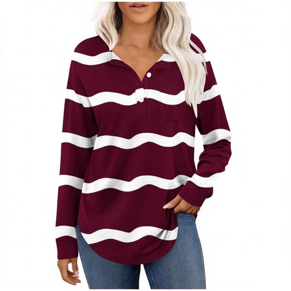 Plebaso Womens Long Sleeve Tunic Tops Casual Button Tshirts Lightweight Striped Blouses Tee for Women