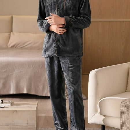 

Men‘s Thermal Thick Comfortable Pajama Sets With Pocket Button Long Sleeve Top & Pants Men‘s Sleepwear Loungewear