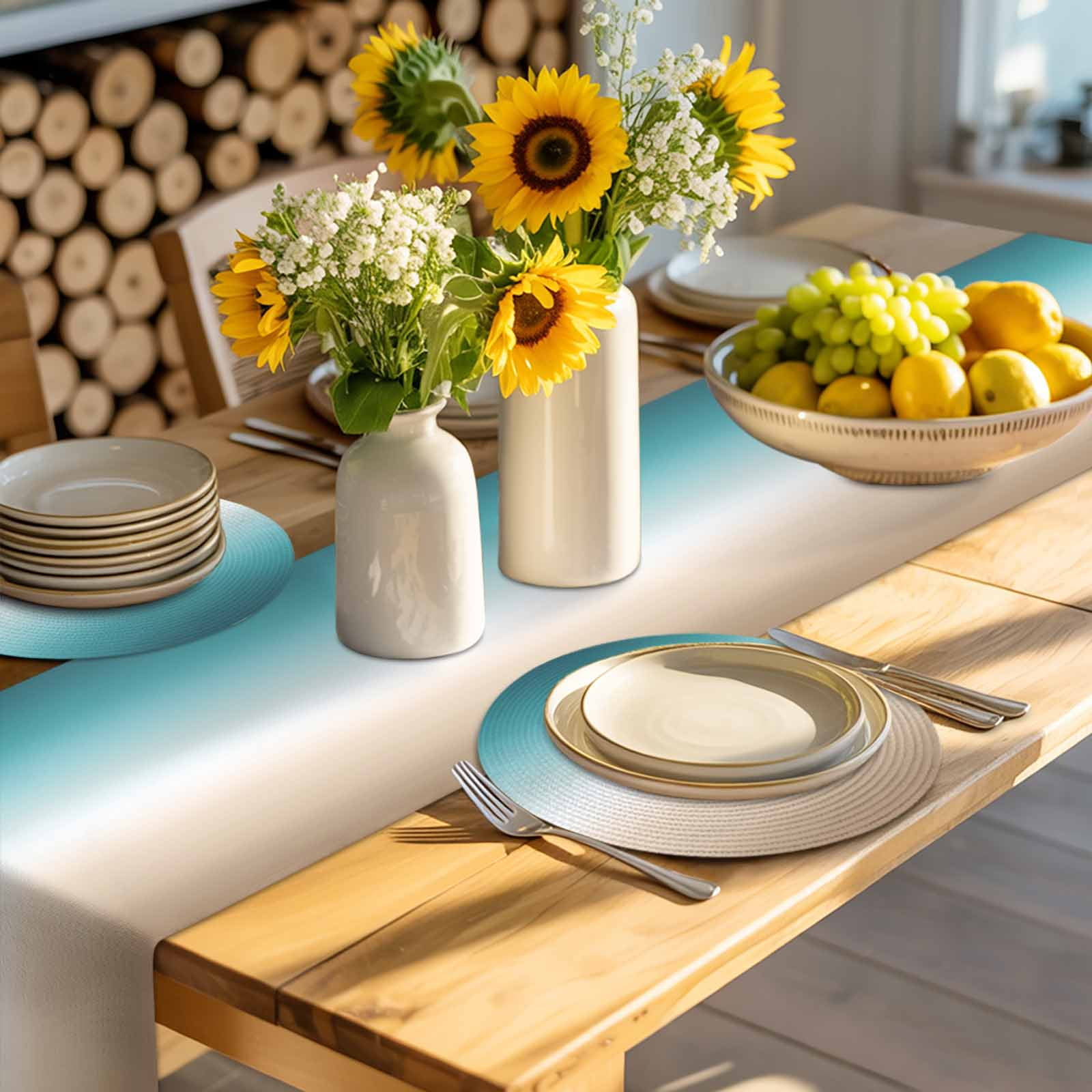 Teal Beige Ombre Cream Round 13 Inch Placemats Set of 6, Modern Turquoise Abstract Art Aesthetics HeatResistant Non Slip Place Mats for Dining Table, Wipeable Kitchen Table Mats for Housewarming