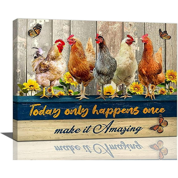 Farmhouse Chicken Decor Wall Art Farm Rooster Chicken Pictures Canvas Print Rustic Painting Modern Home Framed Artwork For Bathroom Bedroom Kitchen 12"X16"
