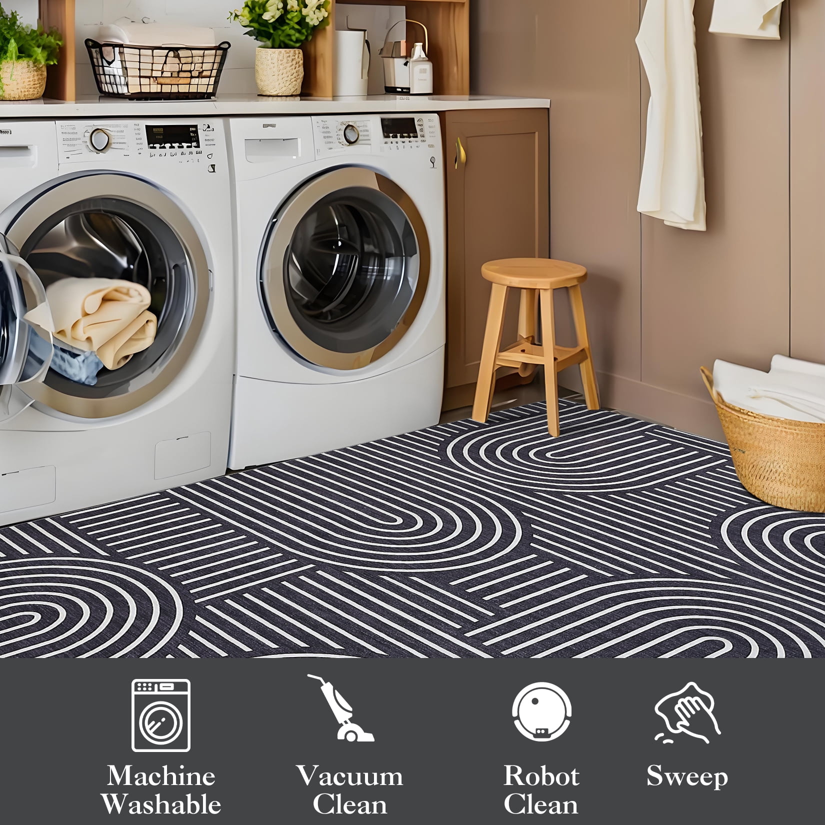 Hasoo Area Rug for Living Room 6' x 9' Washable Modern Geometric Rug with Black Rainbow Stripped Lines Home Decor Indoor Carpet