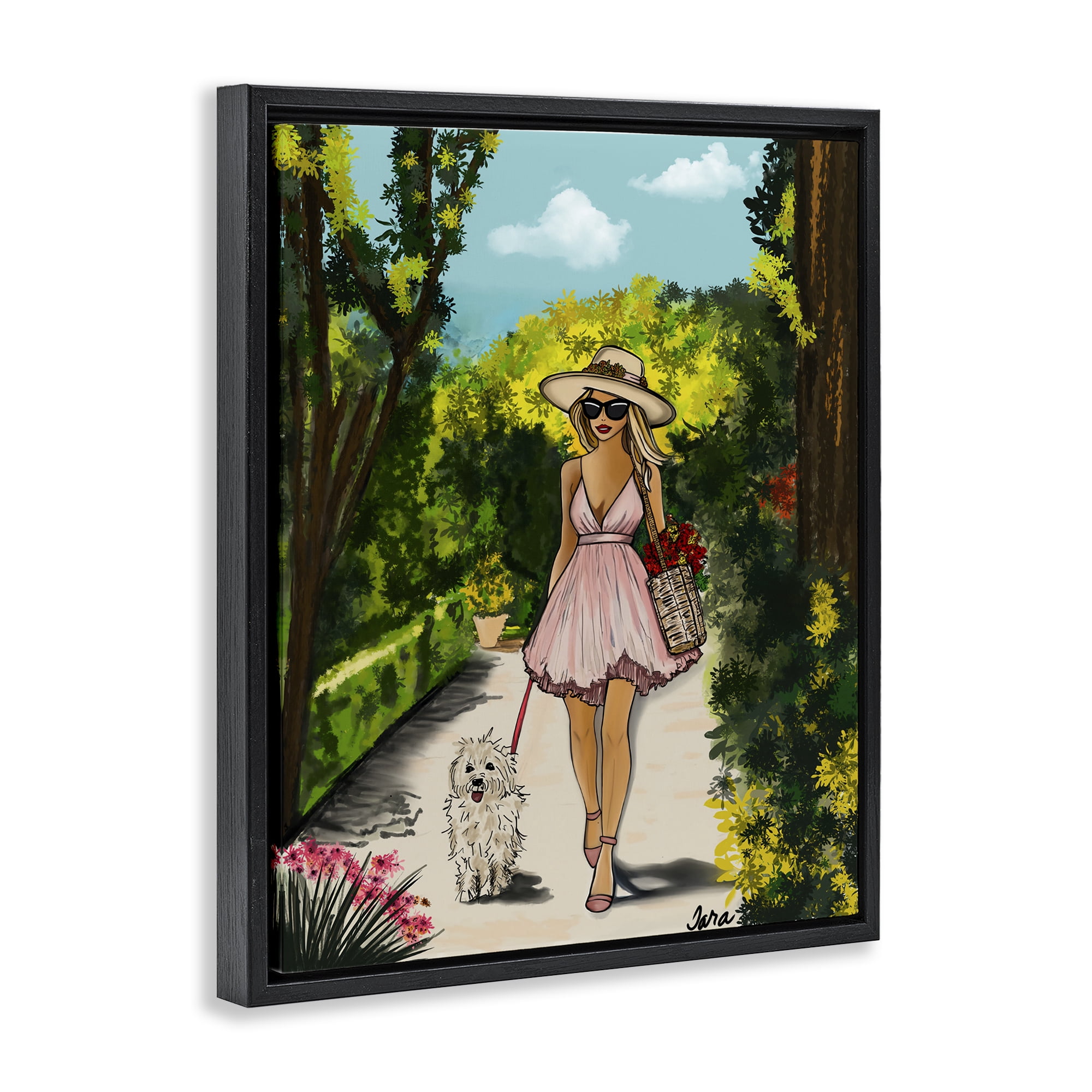 Stupell Industries Garden Girl Strolling with Pup Black Framed Floater Canvas Wall Art, design by Tara Boone
