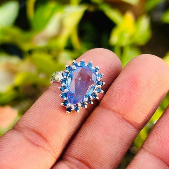 Swiss Blue Topaz Teardrop Ring – 925 Sterling Silver with CZ & Sapphire Accents | Elegant December Birthstone Jewelry for Women