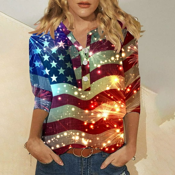 LMKIHUSA Plus Size Patriotic Shirts for Women Happy Independence Day Graphic Print Blouses Short Sleeve V Neck Button Down Tops Casual Loose Summer Tees Red,S