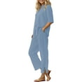 thumbnail image 2 of Women's Cotton Linen Shirt & Pants Set - Long Sleeve Solid Color Casual Suit, Xl, Blue, 2 of 9