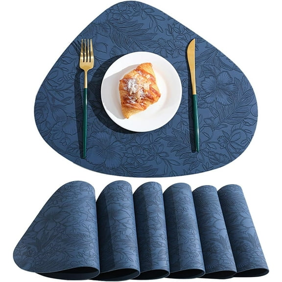 Placemats Set of 6, Round Premium Faux Leather Place Mats 17X14 Inch Table Mats for Dining Table, 100% Waterproof Oilproof Wipeable, Heat Resistant Non-Slip Table Placemats (Dark Blue, Set of 6)