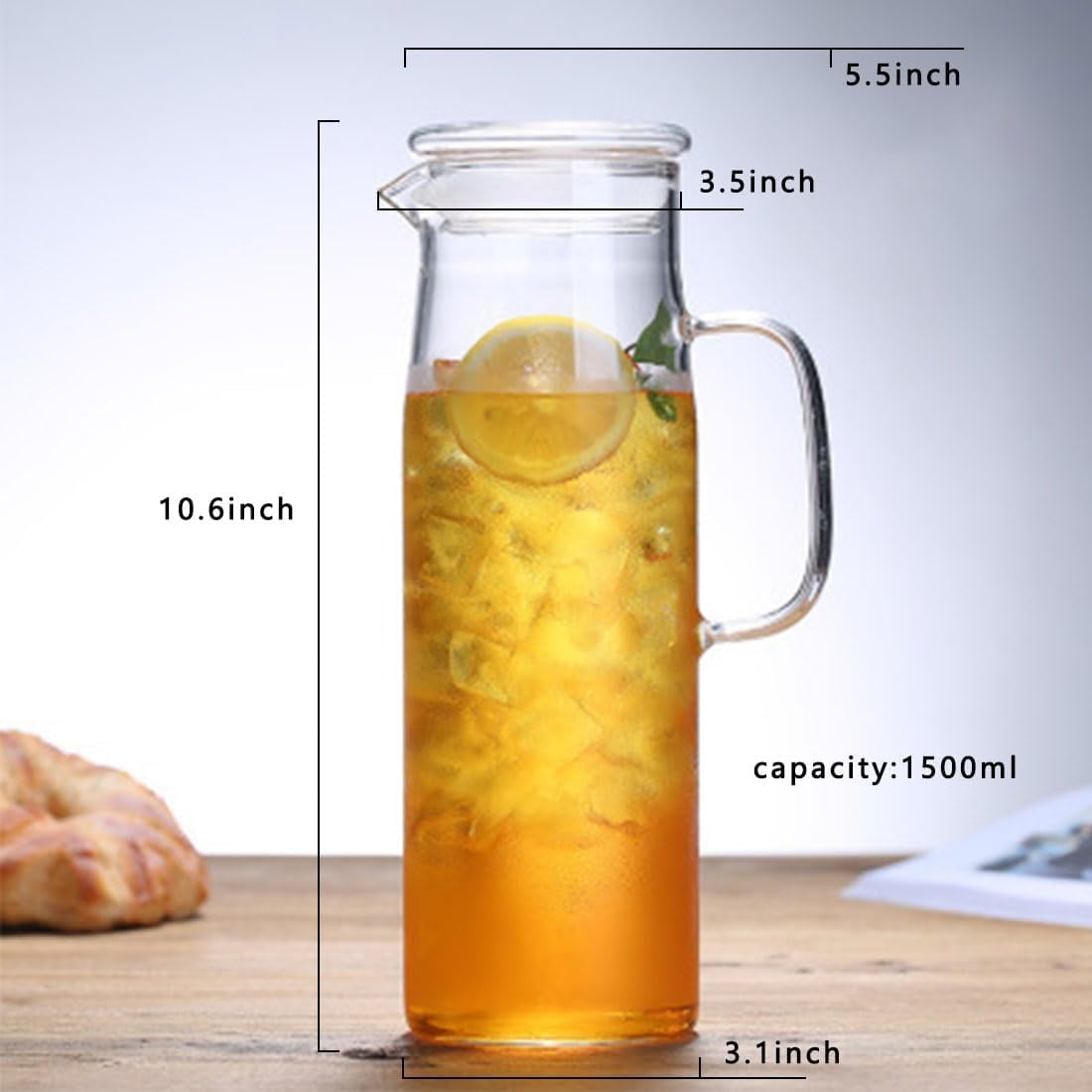 BAKOD Glass Pitcher with Lid Glass Water Carafe with Handle, Fridge Water Jug Cold or Hot Beverages, Iced Tea, Milk, Juice 1500ml/51oz & glass lid