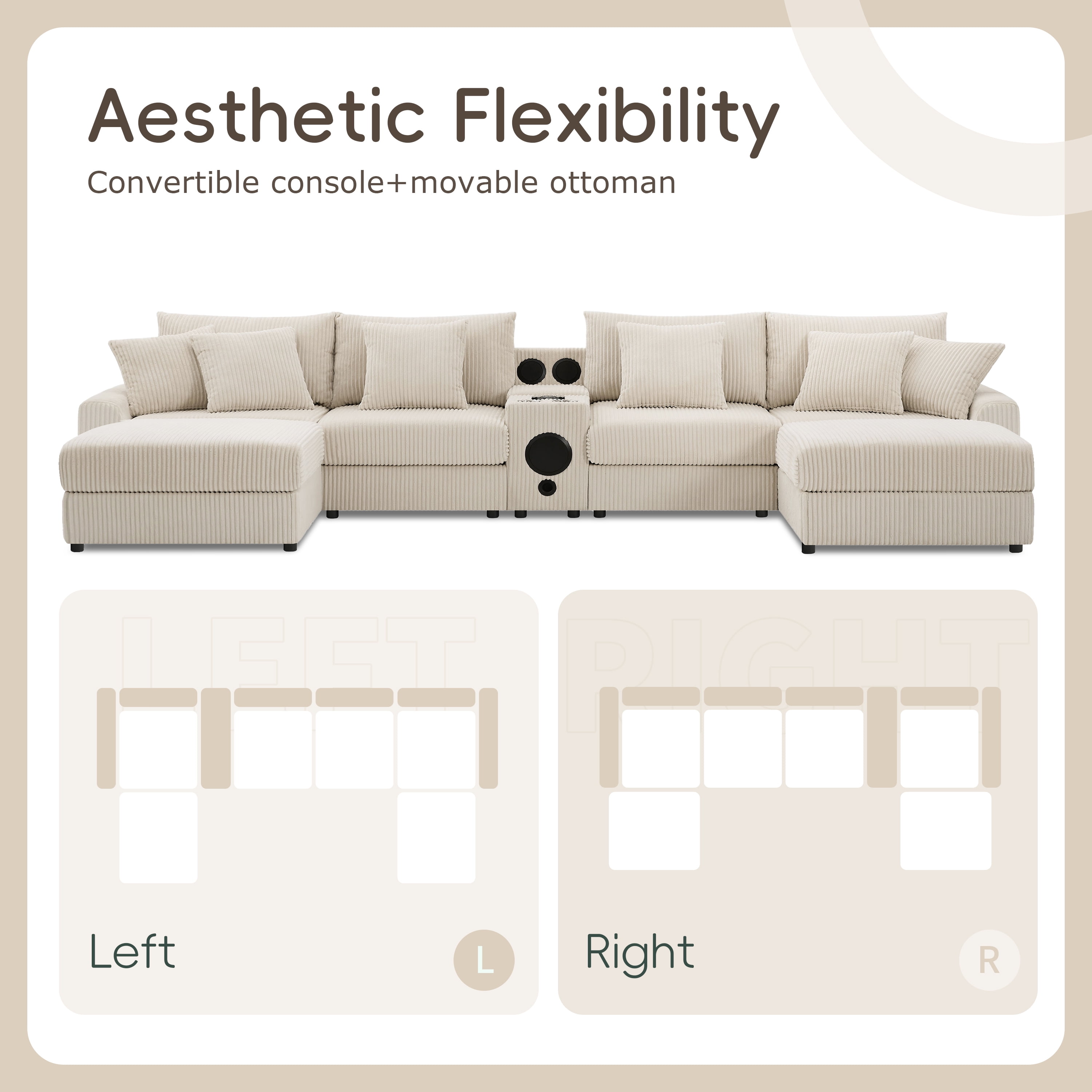 Sectional Sofa, Modular Sofa, U-Shape Couch, Corduroy Sofa with Console, Integrated Audio and Movable Ottoman, Cream