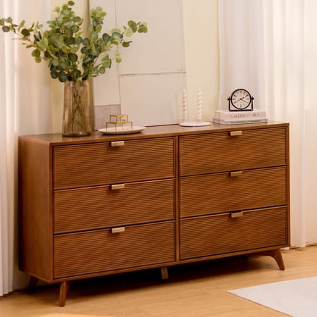 Linea Tambour 6 Drawer Dresser with Brass Pull, Pecan