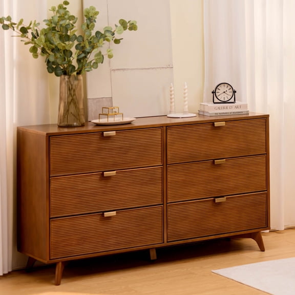 Linea Tambour 6 Drawer Dresser with Brass Pull, Pecan