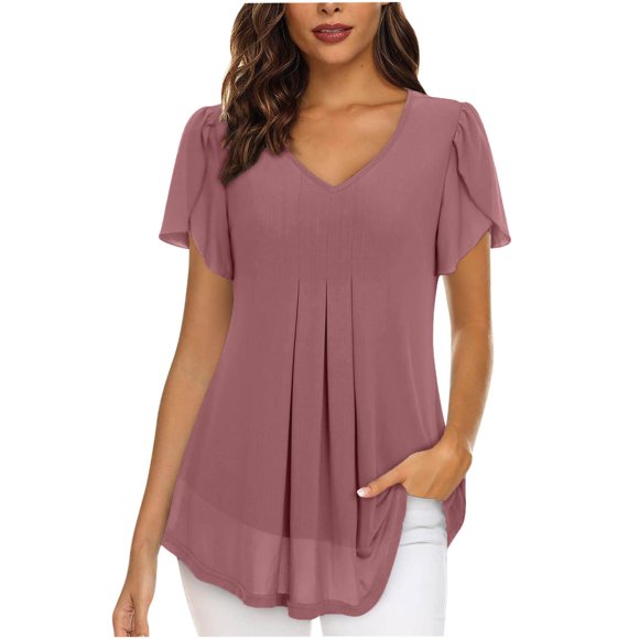 Timegard Tops for Women Summer Chiffon V-Neck Petal Short Sleeve Pleated Flowy Blouse Casual Tunic Tops