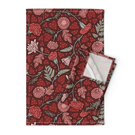 

Printed Tea Towel Linen Cotton Canvas - Carnation Bouquet Red Pink Dots Heart Valentine Print Decorative Kitchen Towel by Spoonflower