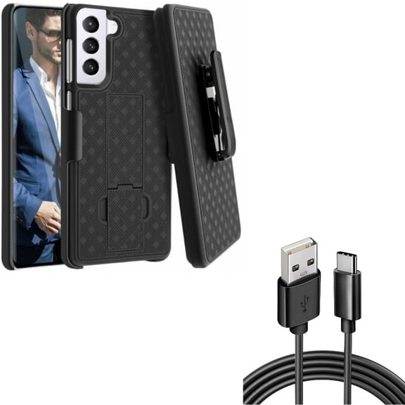 6ft USB-C Cable w Case Belt Clip for Samsung Galaxy S21 Plus - Type-C Charger Cord Power, Holster Swivel Cover Combo