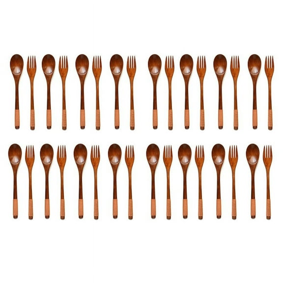 32 Pcs Wooden 9 InchJapanese Spoon Fork Set Kitchen Tableware Natural Wood Cutlery Wooden Dinner Cutlery Set